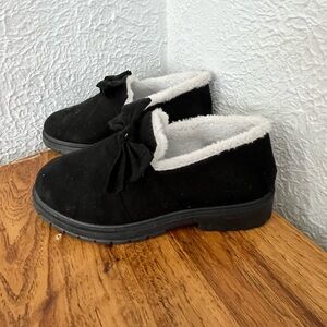 Black Faux Suede Bow Slip-On Loafers with White Sherpa Lining
